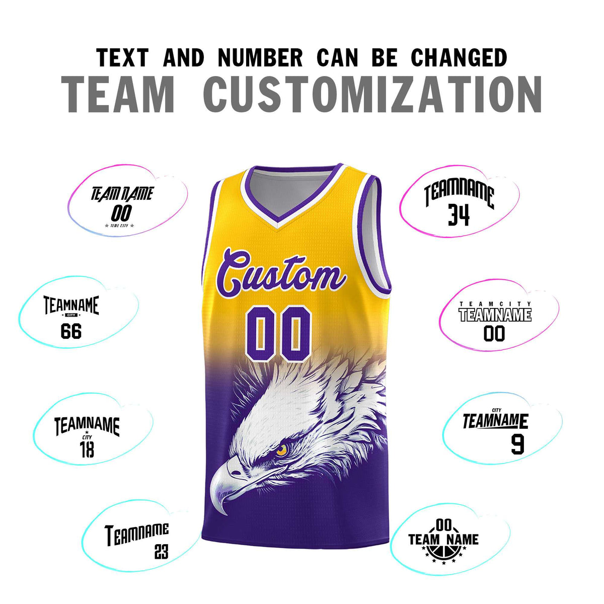 Custom Yellow Purple Basketball Kits with Eagle Pattern