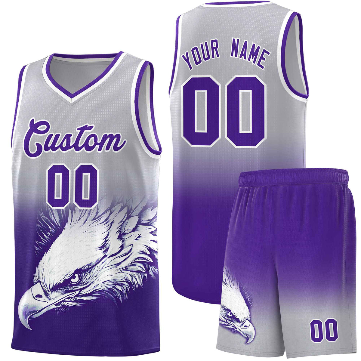 Custom Gray Purple Basketball Kits with Eagle Pattern