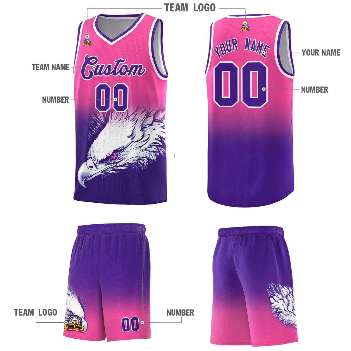 Custom Pink Purple Basketball Kits with Eagle Pattern