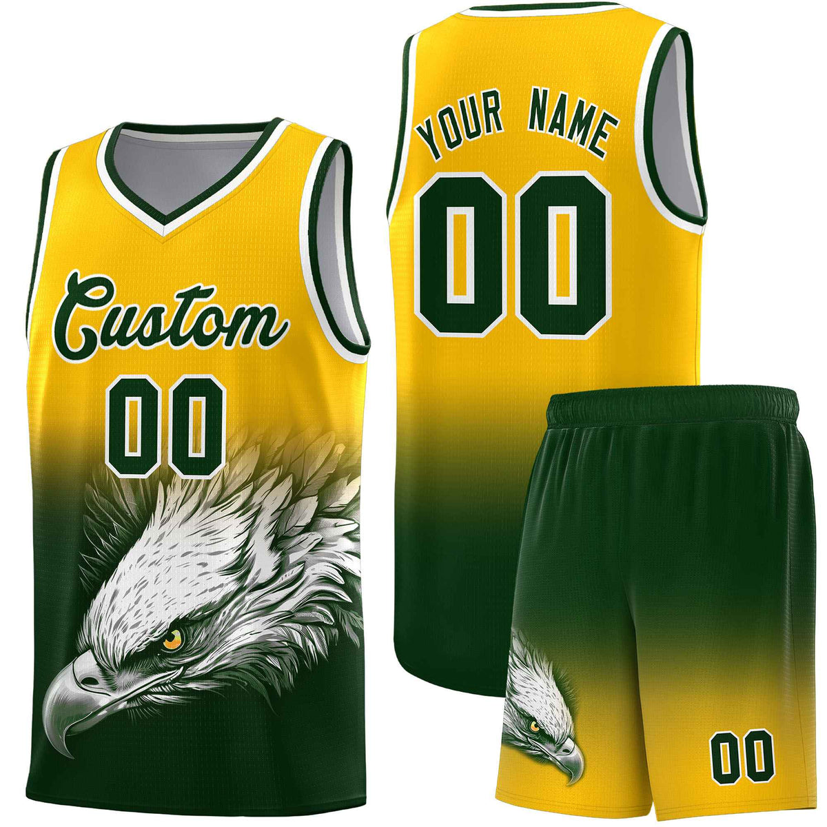 Custom Yellow Green Basketball Kits with Eagle Pattern
