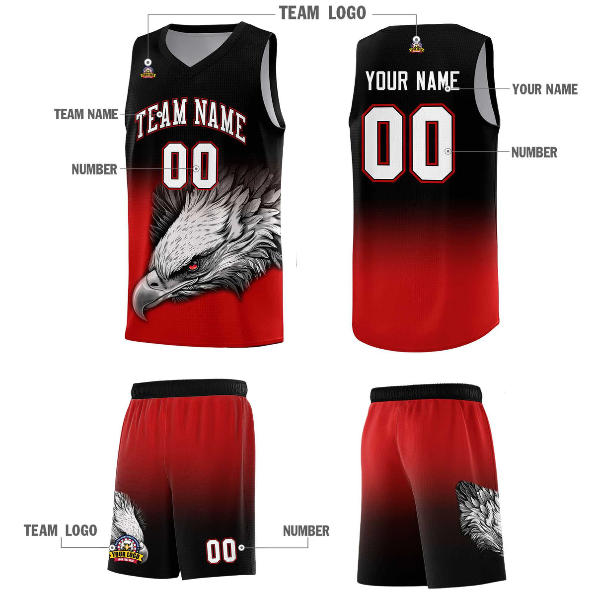 Custom Black Red Basketball Kits with Eagle Pattern