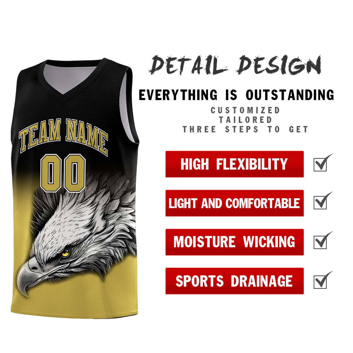 Custom Black Old Gold Basketball Kits with Eagle Pattern