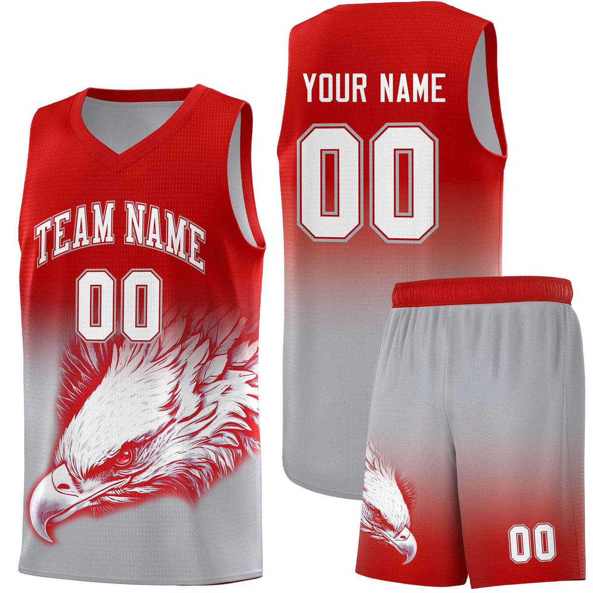 Custom Red Gray Basketball Kits with Eagle Pattern
