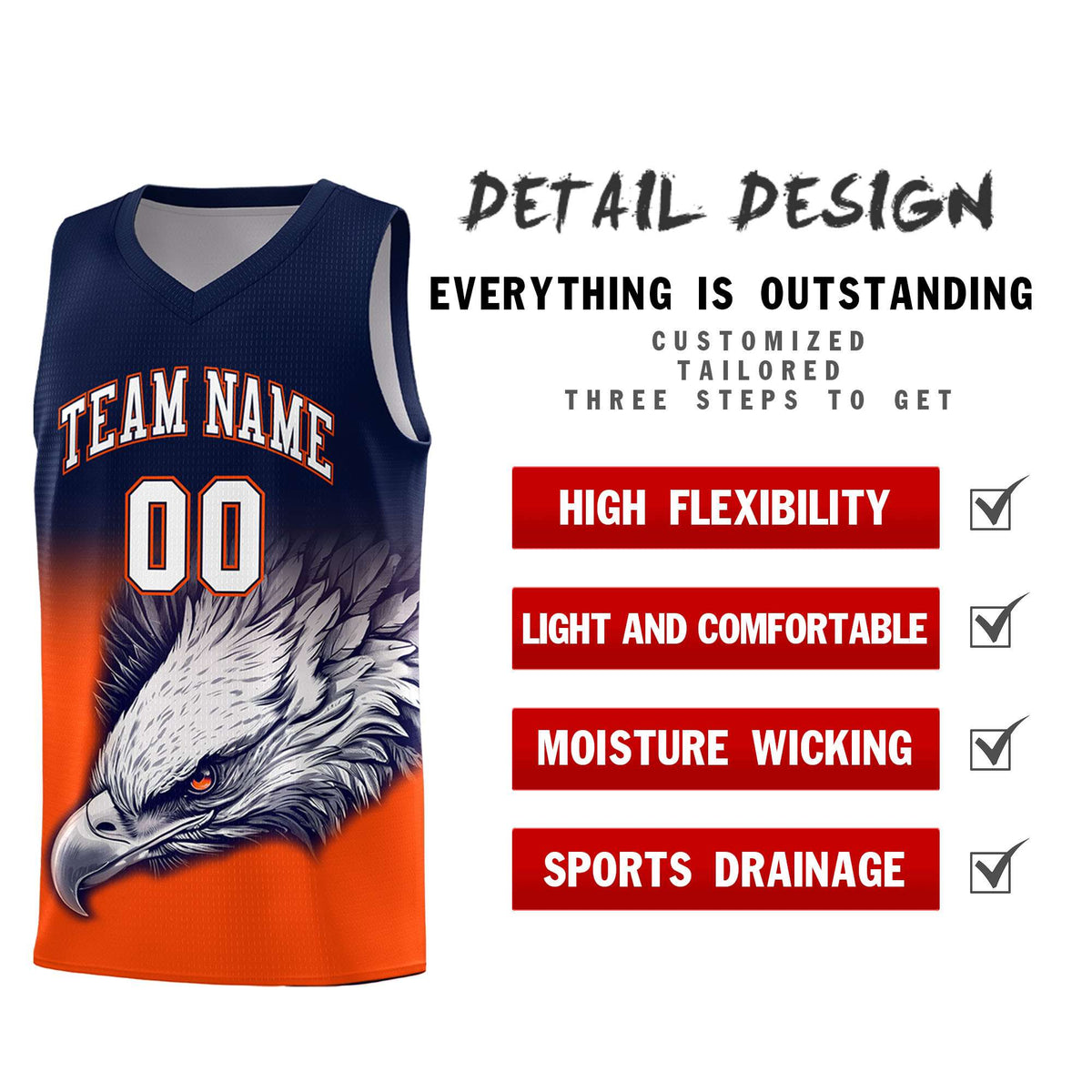 Custom Navy Orange Basketball Kits with Eagle Pattern