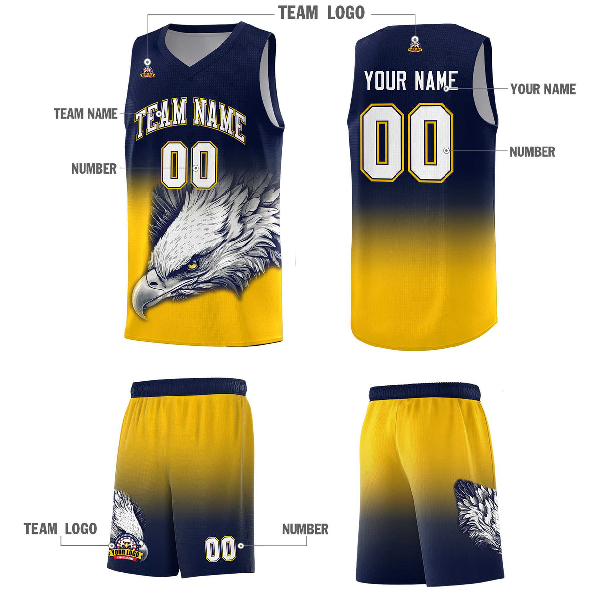 Custom Navy Yellow Basketball Kits with Eagle Pattern