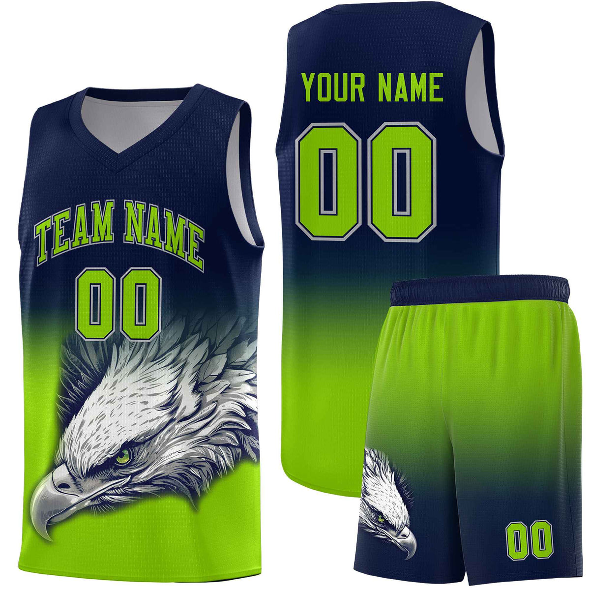 Custom Navy Neon Green Basketball Kits with Eagle Pattern