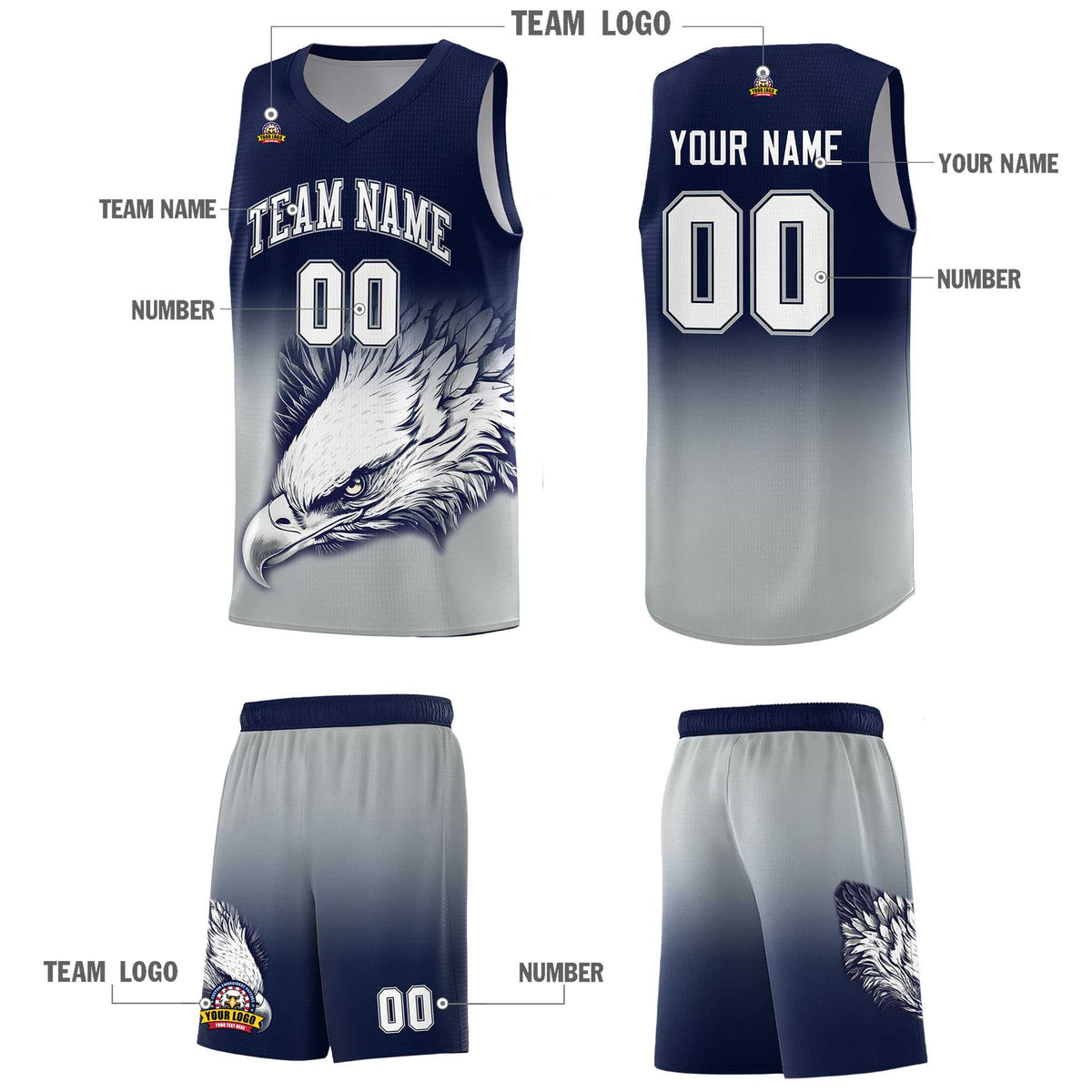 Custom Navy Gray Basketball Kits with Eagle Pattern