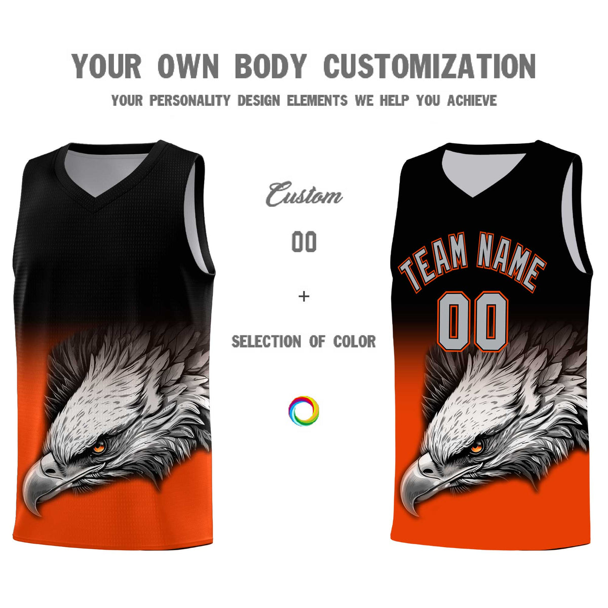 Custom Black Orange Basketball Kits with Eagle Pattern