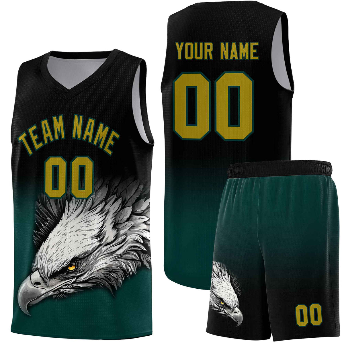 Custom Black Midnight Green Basketball Kits with Eagle Pattern