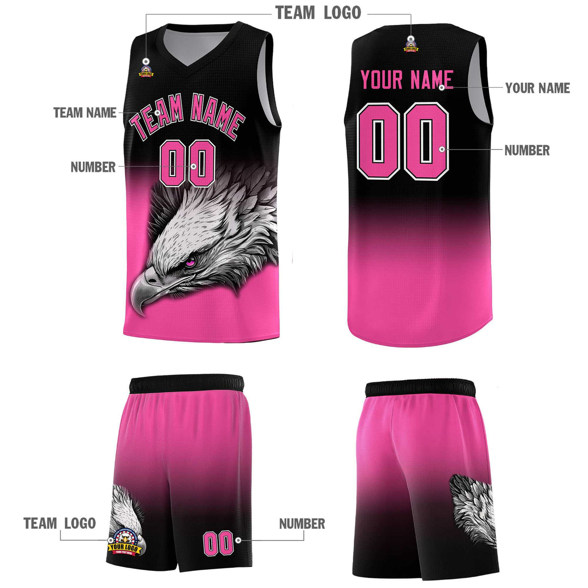 Custom Black Pink Basketball Kits with Eagle Pattern