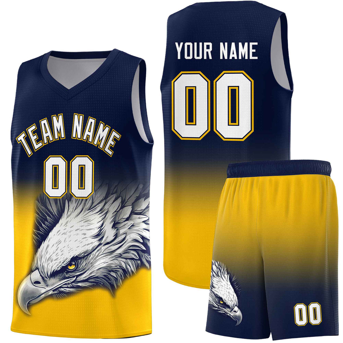 Custom Navy Yellow Basketball Kits with Eagle Pattern