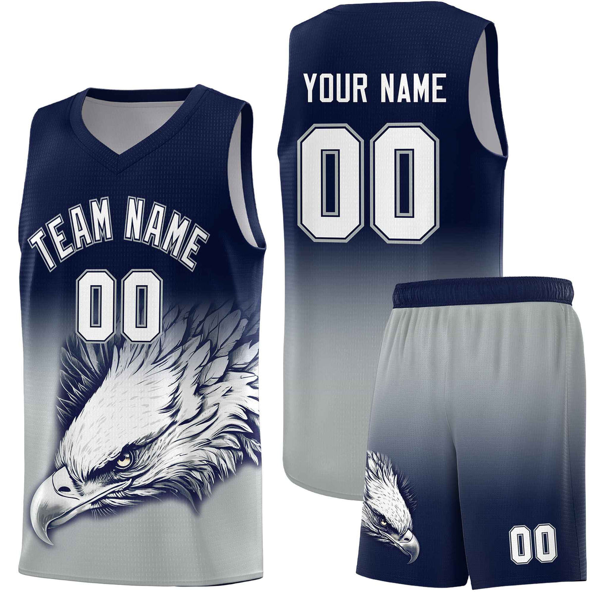 Custom Navy Gray Basketball Kits with Eagle Pattern