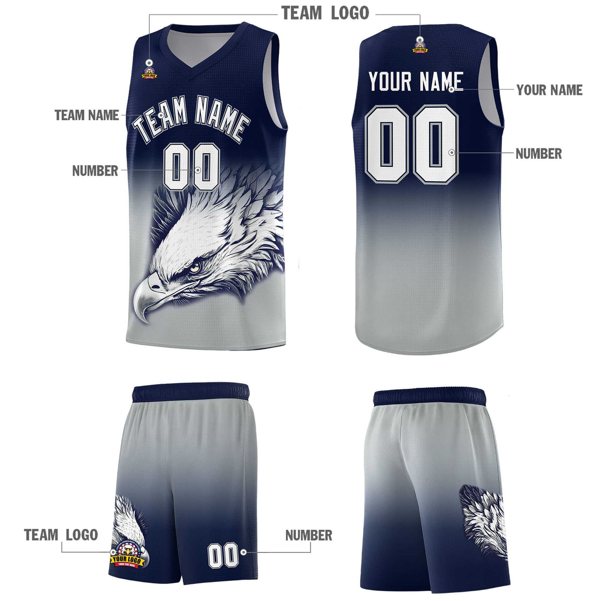 Custom Navy Gray Basketball Kits with Eagle Pattern
