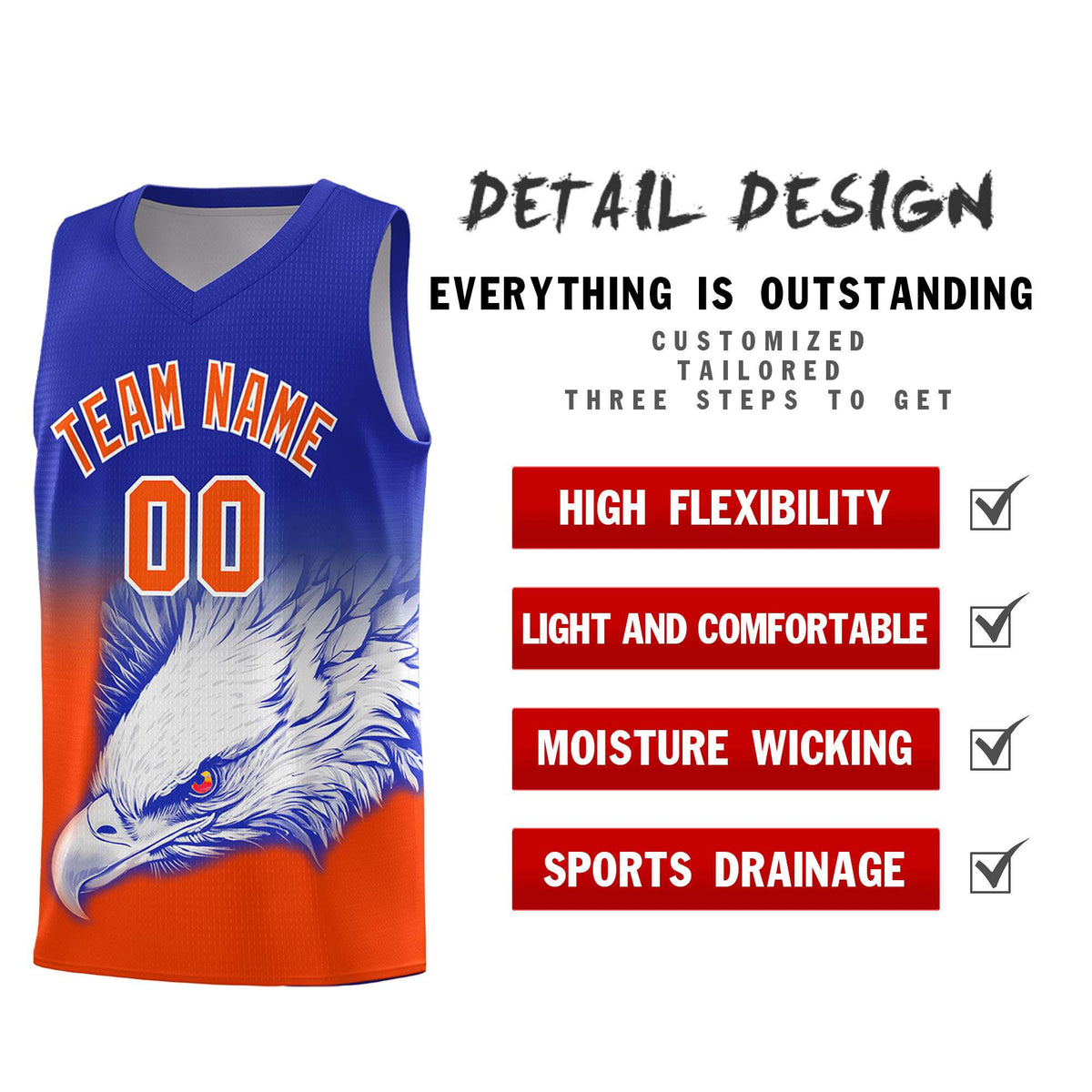Custom Royal Orange Basketball Kits with Eagle Pattern