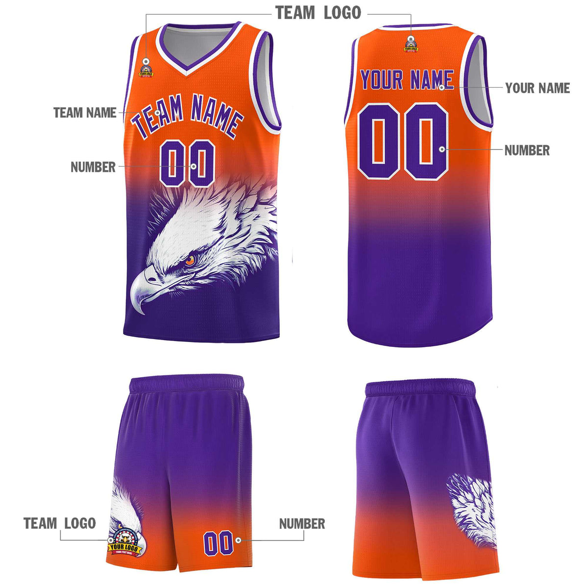 Custom Orange Purple Basketball Kits with Eagle Pattern