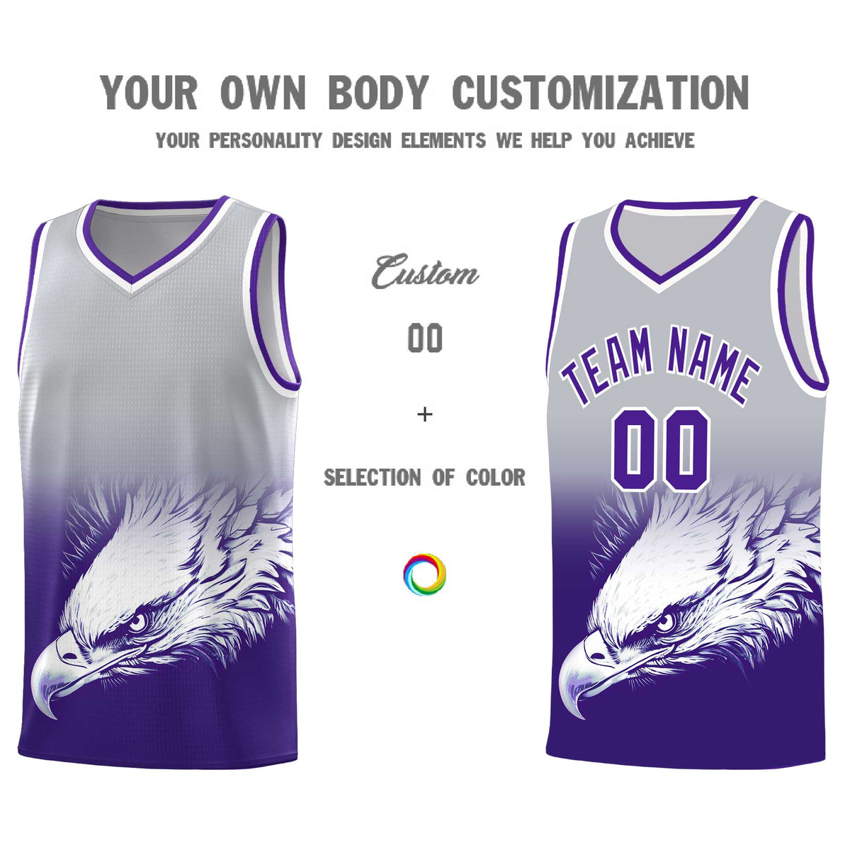Custom Gray Purple Basketball Kits with Eagle Pattern