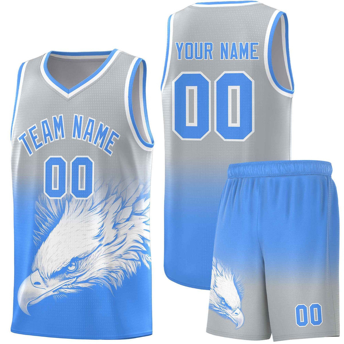 Custom Gray Powder Blue Basketball Kits with Eagle Pattern