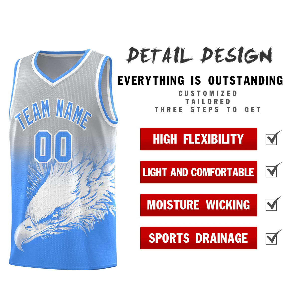 Custom Gray Powder Blue Basketball Kits with Eagle Pattern