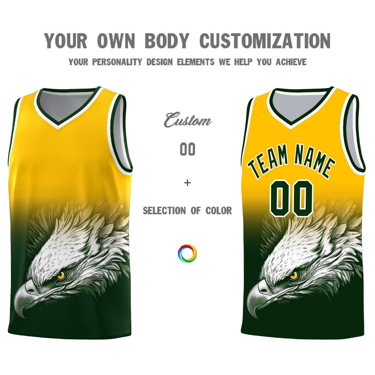 Custom Yellow Green Basketball Kits with Eagle Pattern