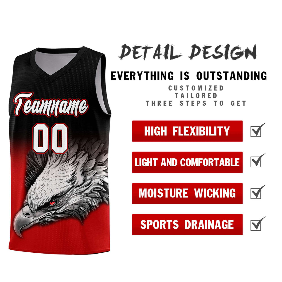 Custom Black Red Basketball Kits with Eagle Pattern