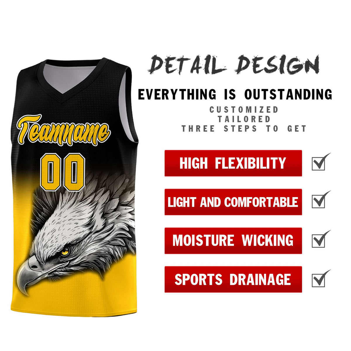 Custom Black Yellow Basketball Kits with Eagle Pattern