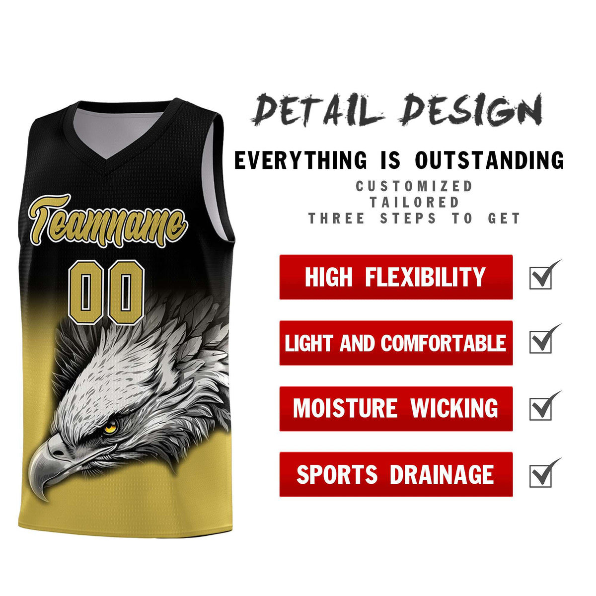Custom Black Old Gold Basketball Kits with Eagle Pattern