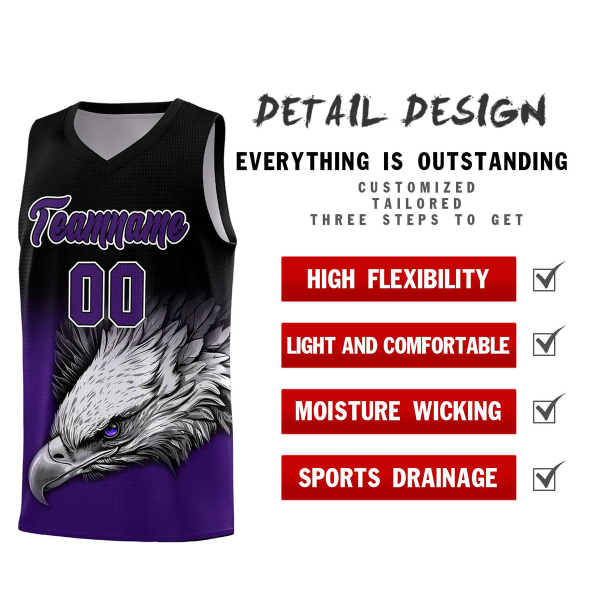Custom Black Purple Basketball Kits with Eagle Pattern