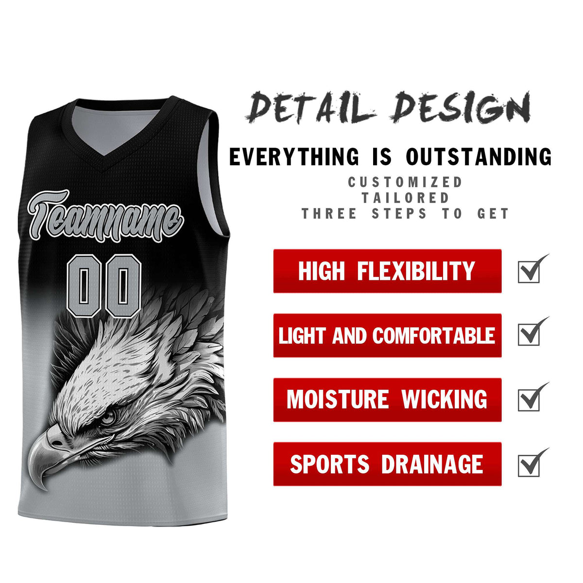 Custom Black Gray Basketball Kits with Eagle Pattern