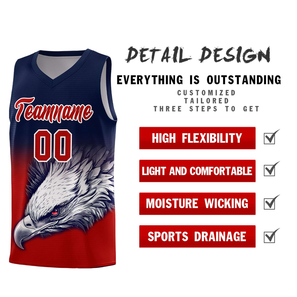 Custom Navy Red Basketball Kits with Eagle Pattern