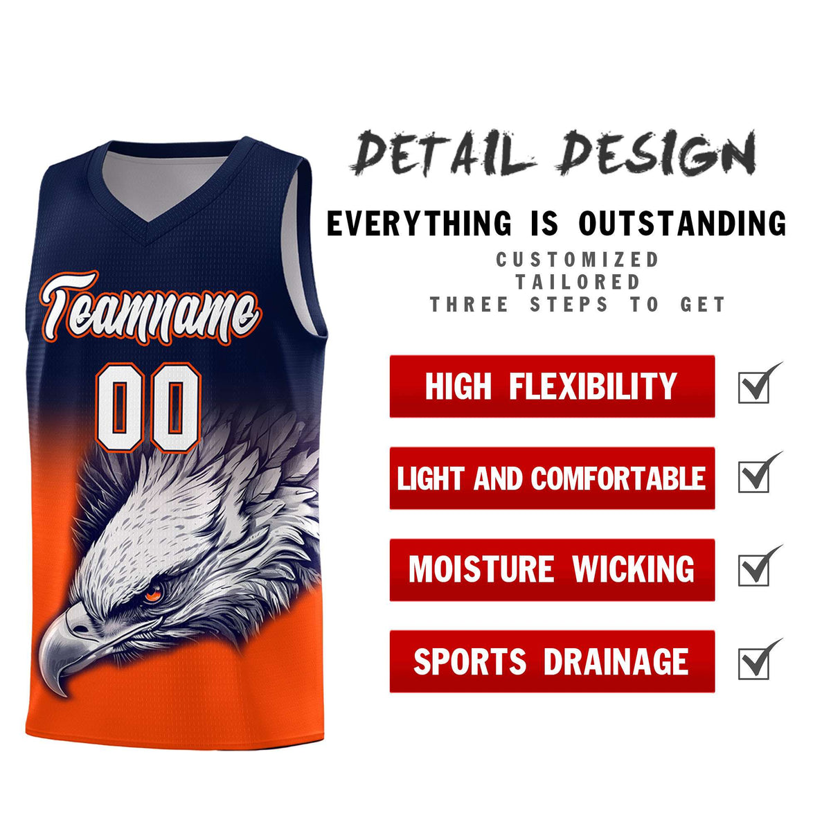 Custom Navy Orange Basketball Kits with Eagle Pattern