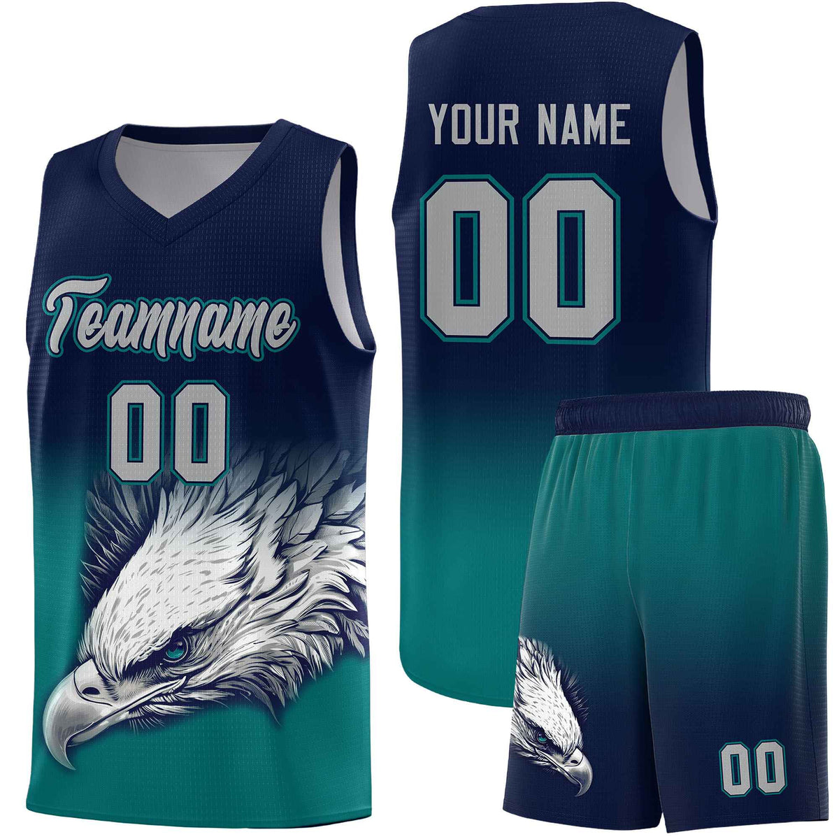 Custom Navy Teal Basketball Kits with Eagle Pattern