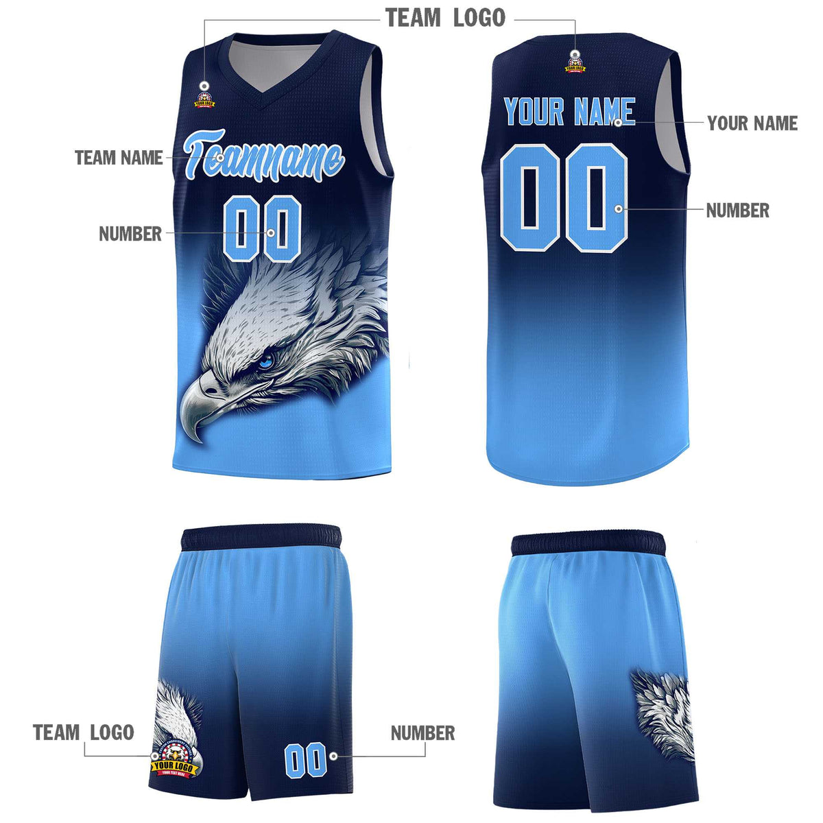 Custom Navy Powder Blue Basketball Kits with Eagle Pattern
