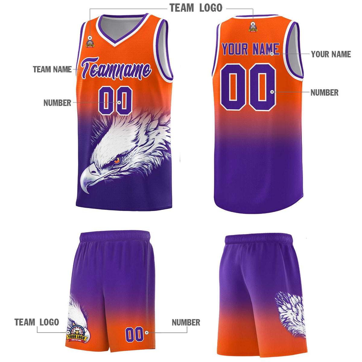 Custom Orange Purple Basketball Kits with Eagle Pattern