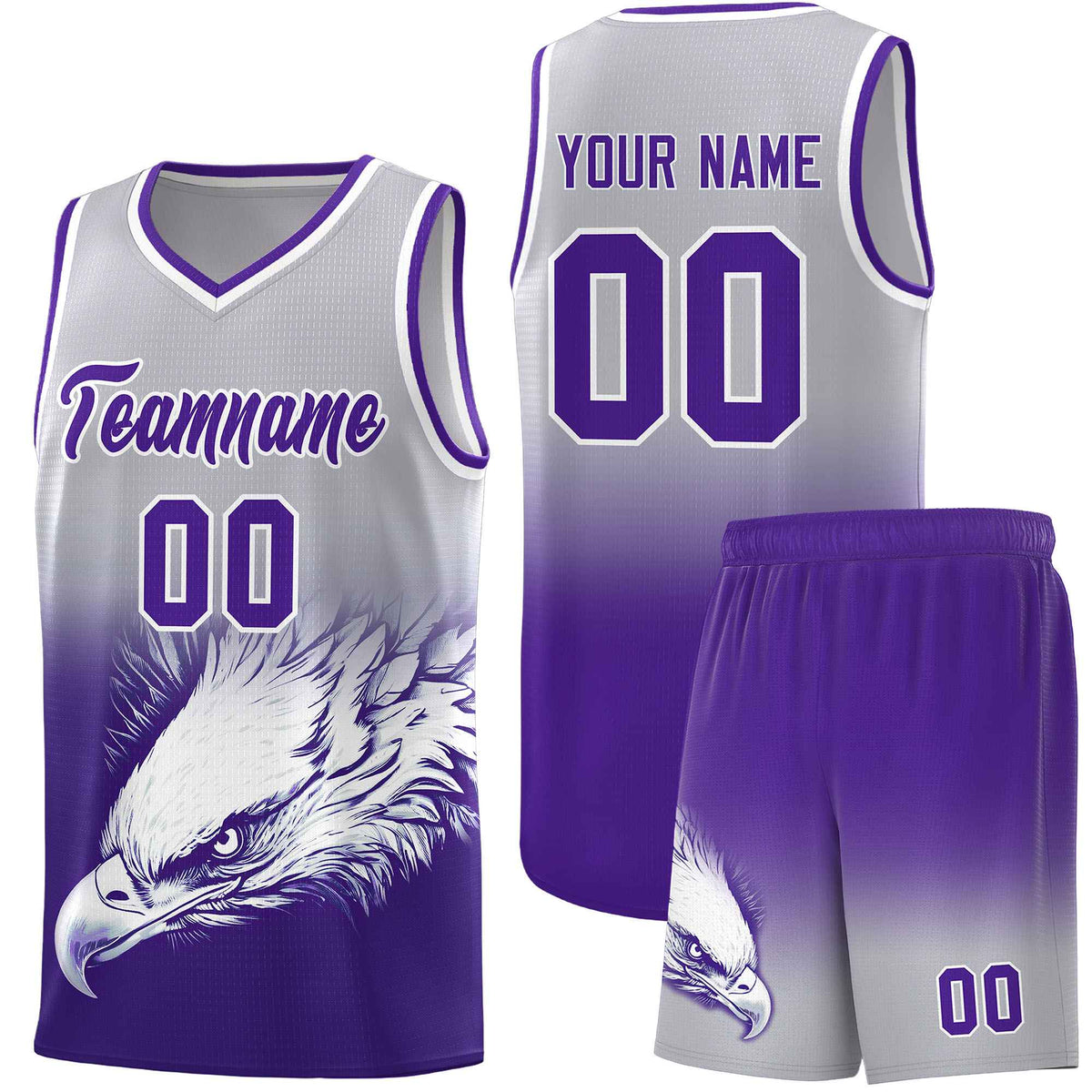 Custom Gray Purple Basketball Kits with Eagle Pattern