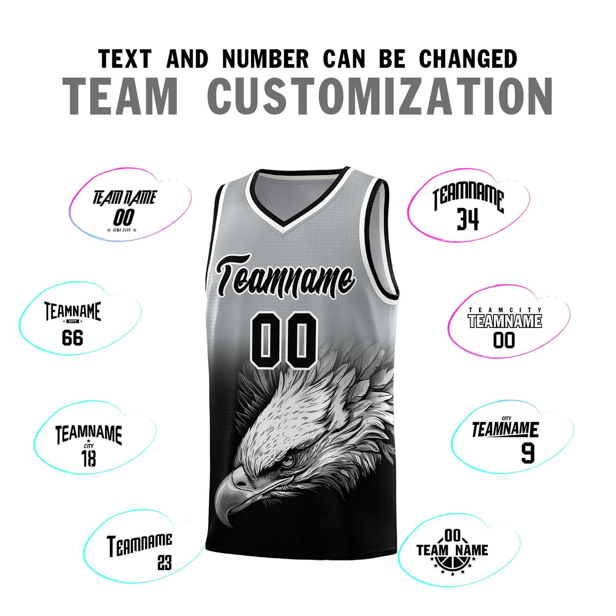 Custom Gray Black Basketball Kits with Eagle Pattern