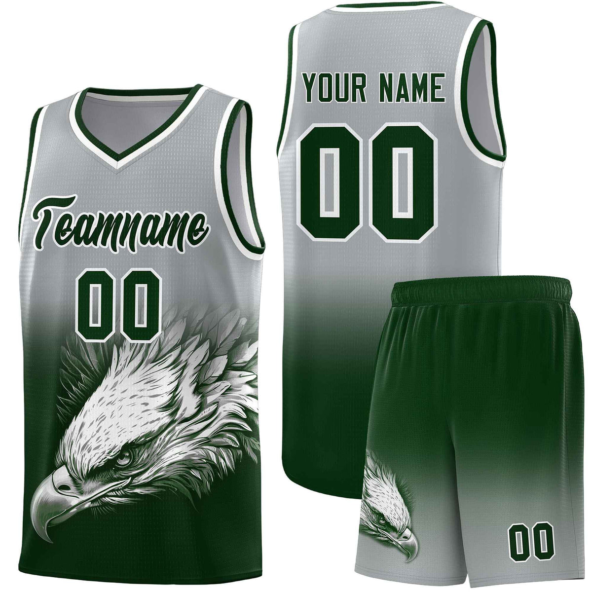 Custom Gray Green Basketball Kits with Eagle Pattern