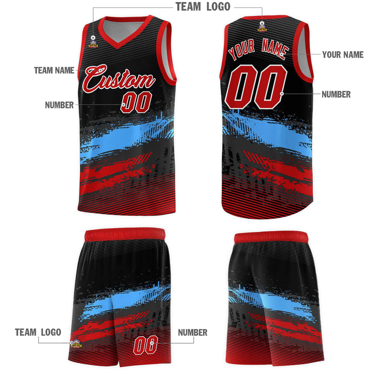 Custom Black Powder Blue and Red Graffiti Pattern Sports Uniform Basketball Jersey|KXKSHOP