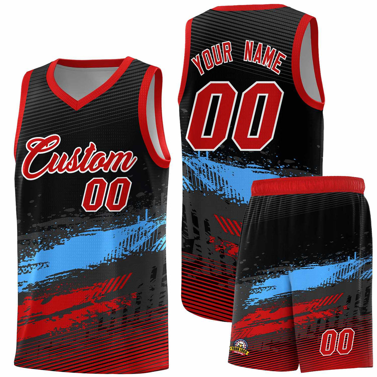 Custom Black Powder Blue and Red Graffiti Pattern Sports Uniform Basketball Jersey|KXKSHOP