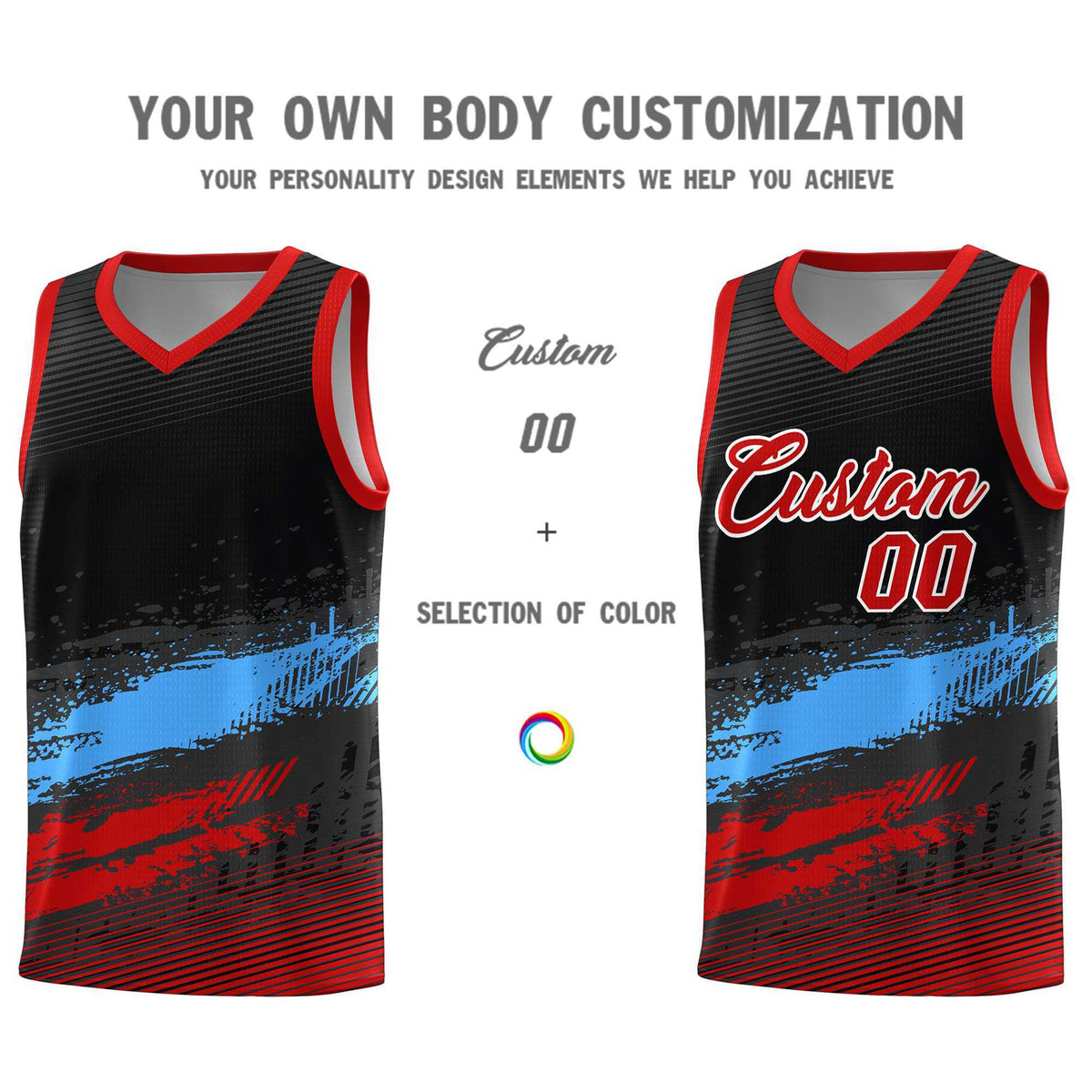 Custom Black Powder Blue and Red Graffiti Pattern Sports Uniform Basketball Jersey|KXKSHOP