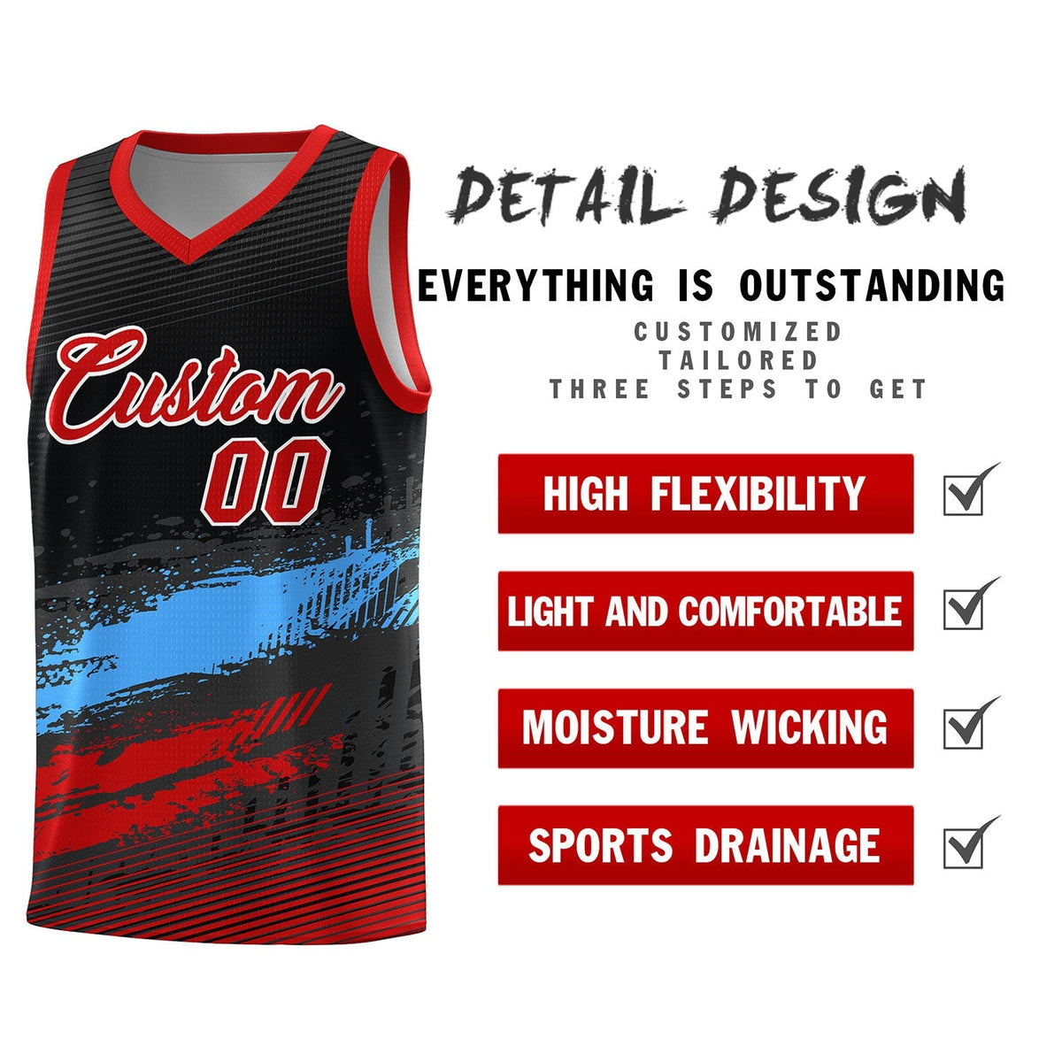 Custom Black Powder Blue and Red Graffiti Pattern Sports Uniform Basketball Jersey|KXKSHOP
