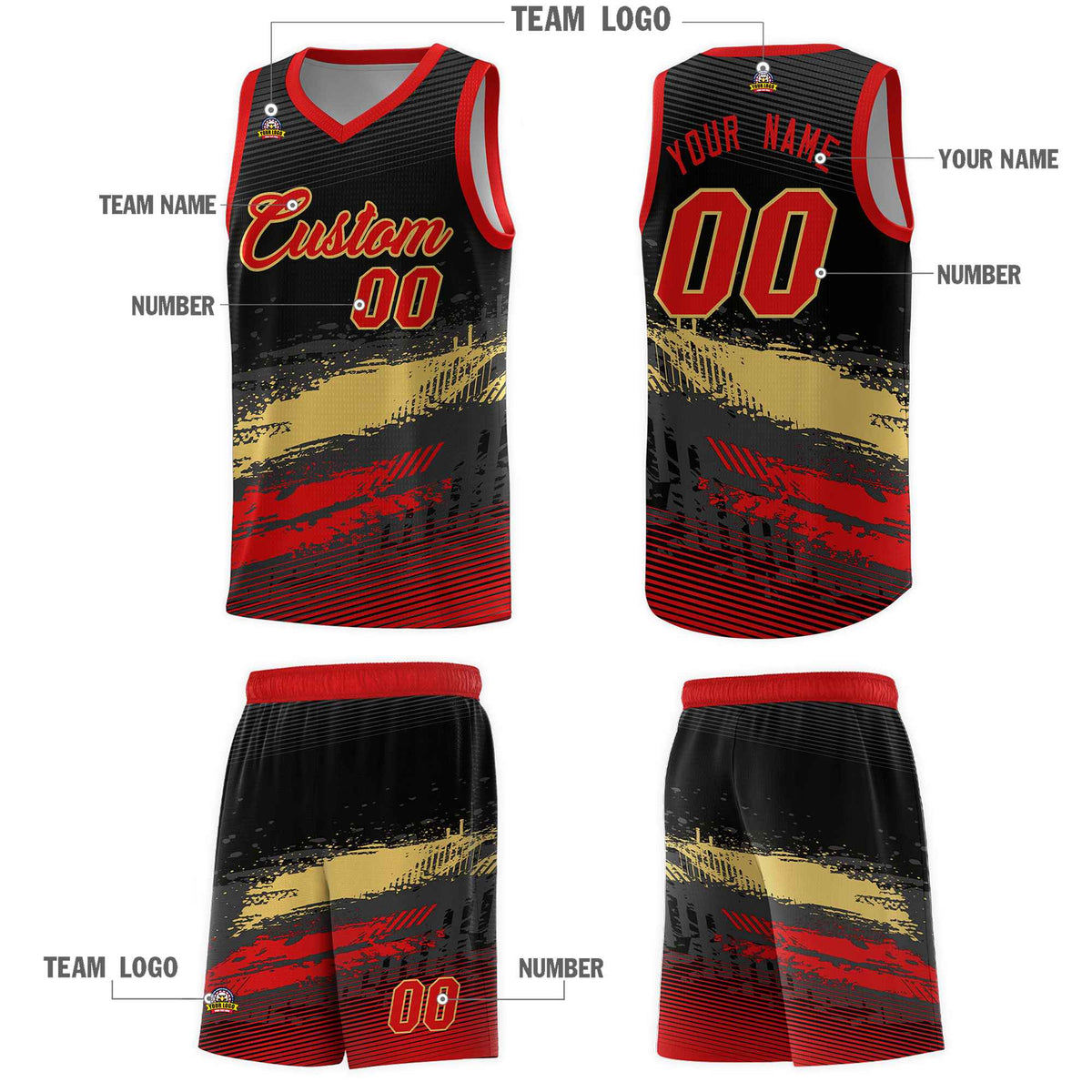 Custom Black Khaki and Red Graffiti Pattern Sports Uniform Basketball Jersey|KXKSHOP