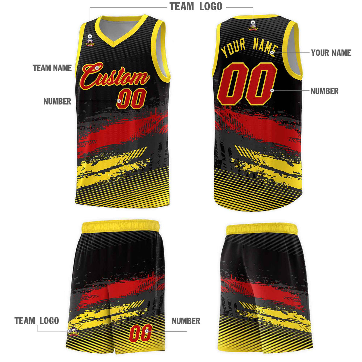 Custom Black Red and Gold Graffiti Pattern Sports Uniform Basketball Jersey|KXKSHOP