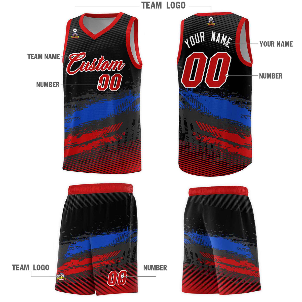 Custom Black Royal and Red Graffiti Pattern Sports Uniform Basketball Jersey|KXKSHOP