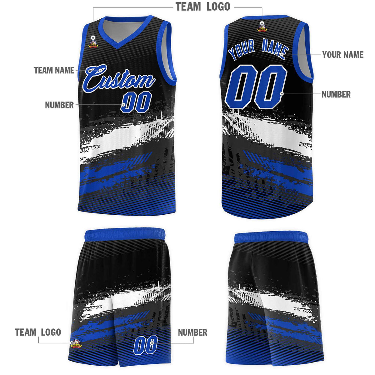 Custom Black White and Royal Graffiti Pattern Sports Uniform Basketball Jersey|KXKSHOP