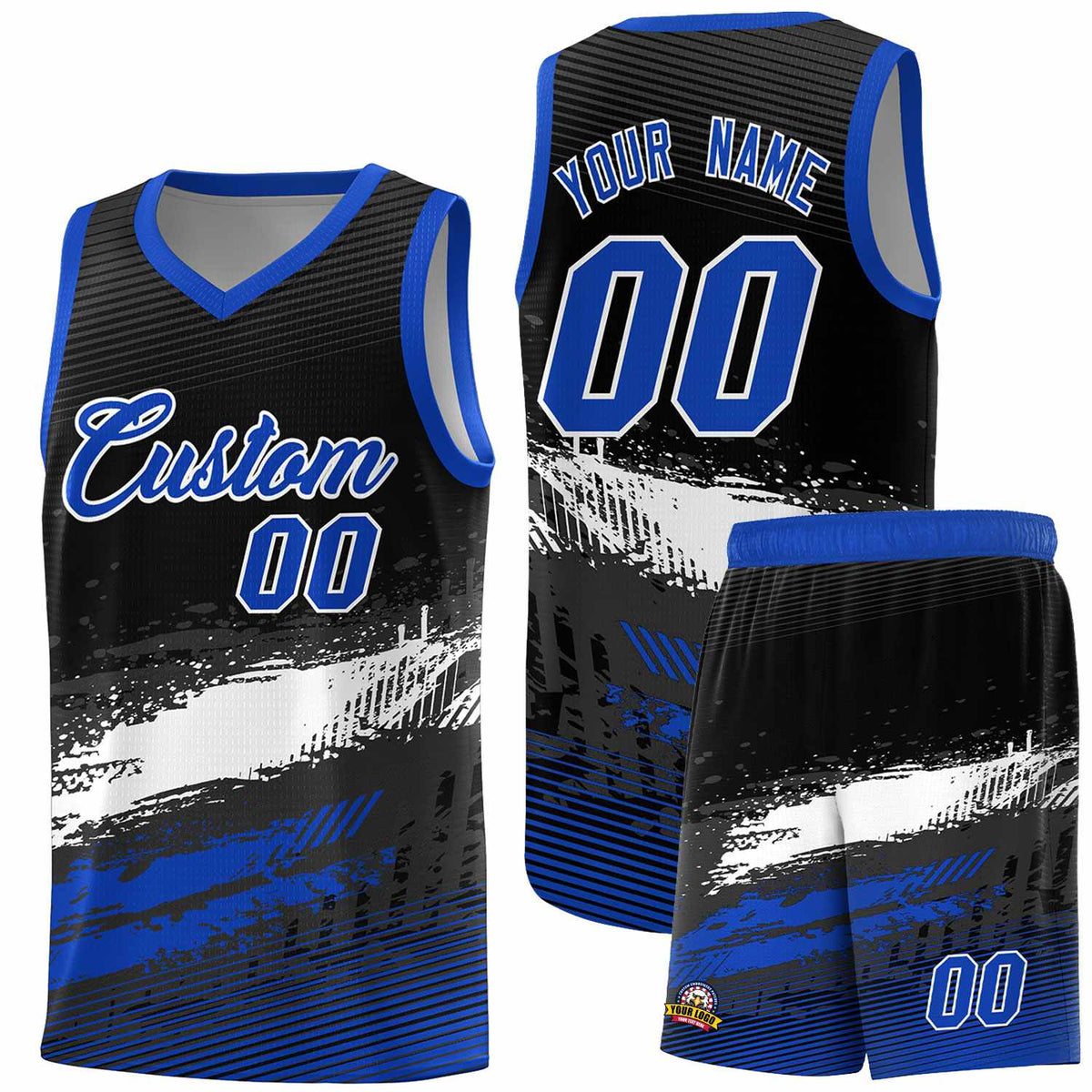 Custom Black White and Royal Graffiti Pattern Sports Uniform Basketball Jersey|KXKSHOP