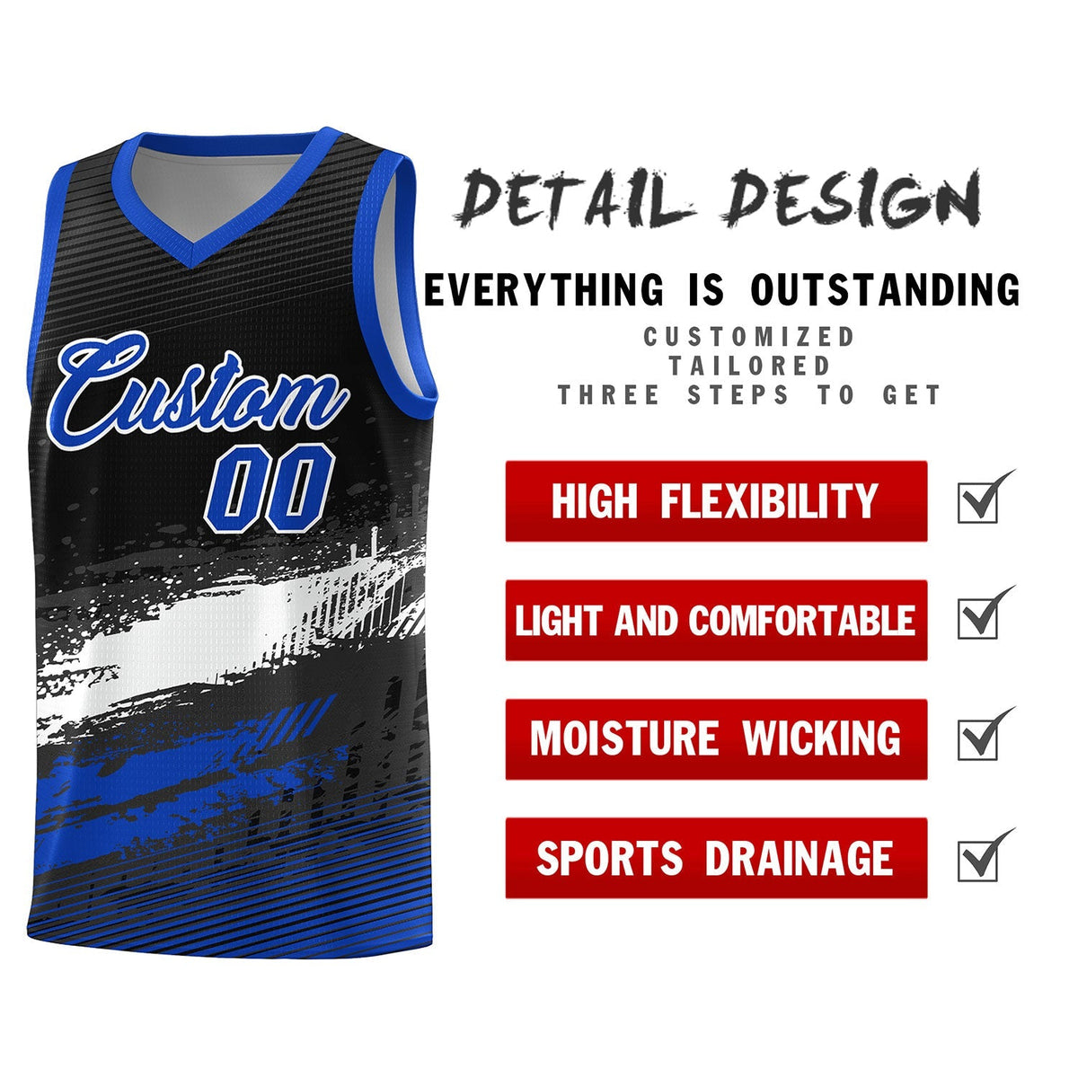 Custom Black White and Royal Graffiti Pattern Sports Uniform Basketball Jersey|KXKSHOP