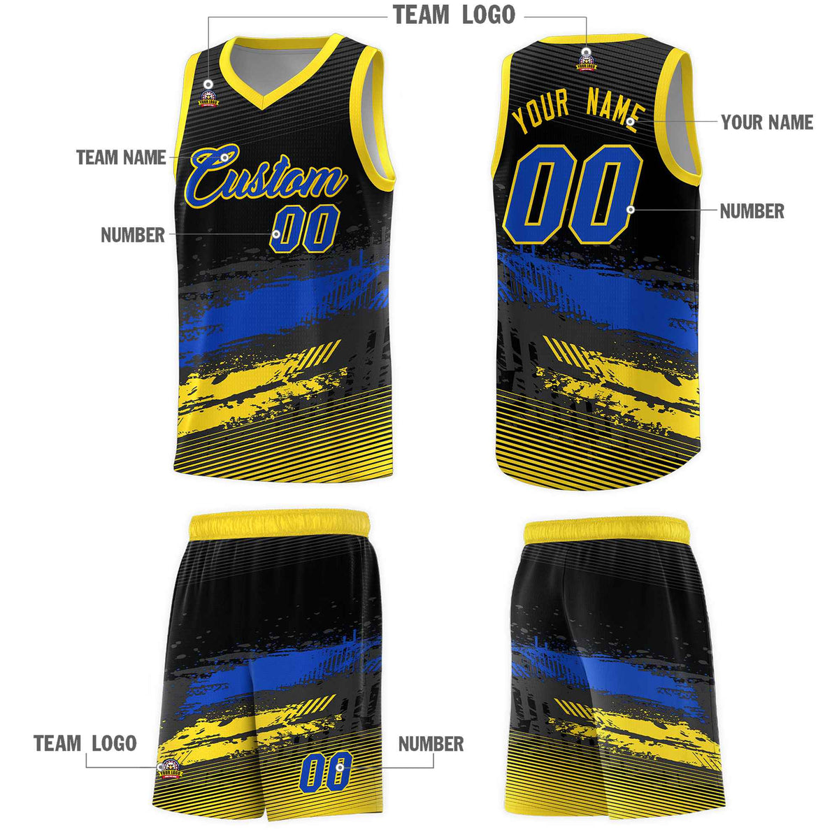 Custom Black Royal and Gold Graffiti Pattern Sports Uniform Basketball Jersey|KXKSHOP