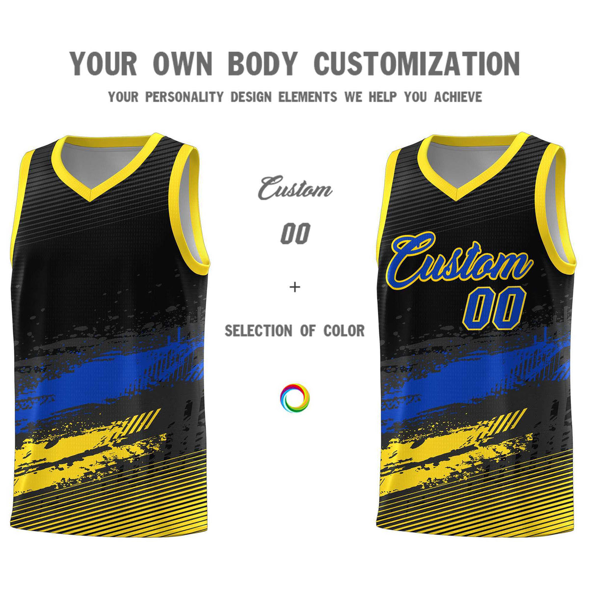 Custom Black Royal and Gold Graffiti Pattern Sports Uniform Basketball Jersey|KXKSHOP