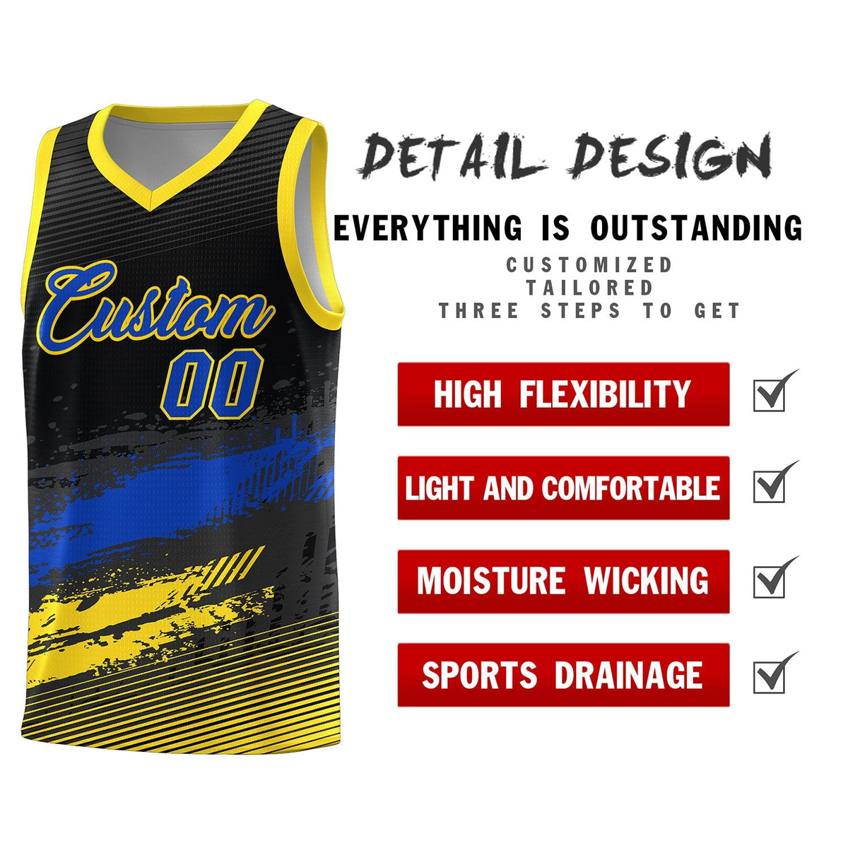 Custom Black Royal and Gold Graffiti Pattern Sports Uniform Basketball Jersey|KXKSHOP