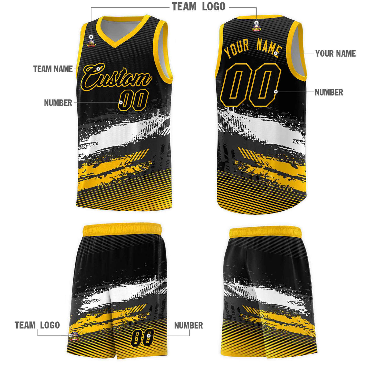 Custom Black White and Yellow Graffiti Pattern Sports Uniform Basketball Jersey|KXKSHOP